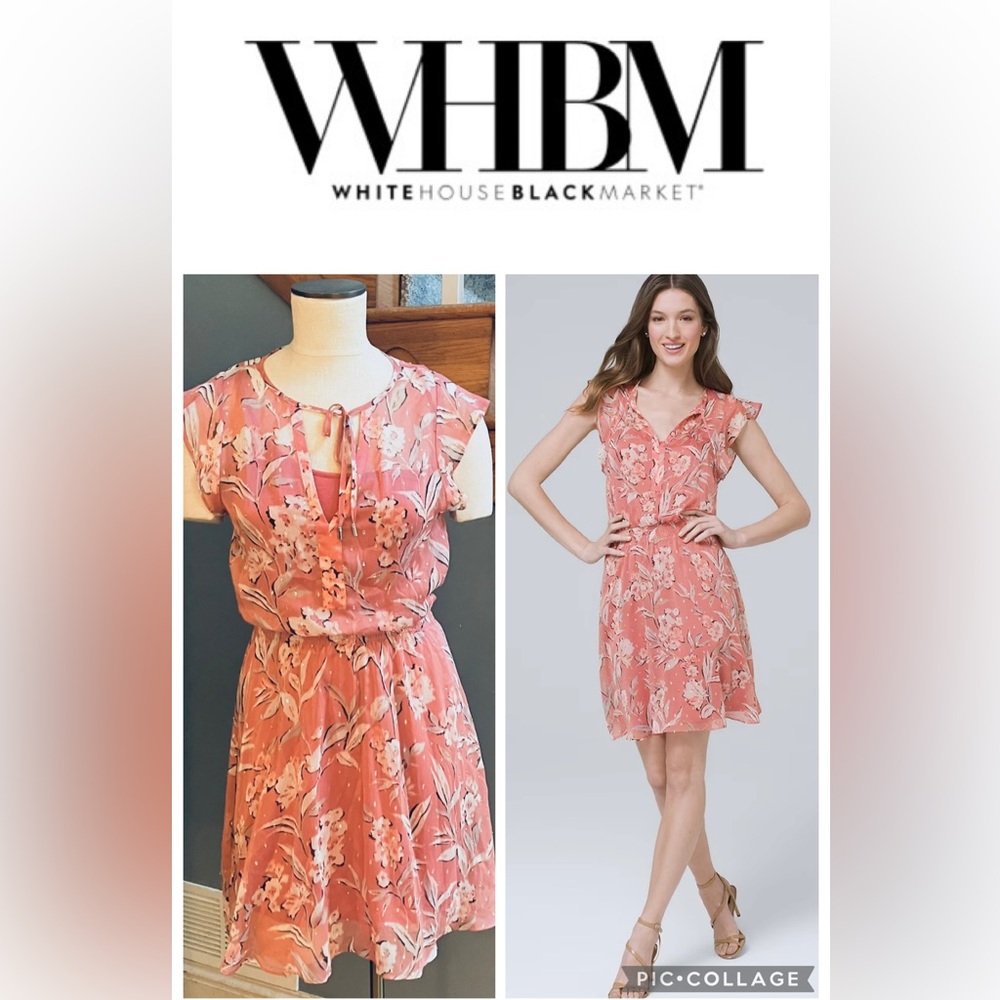 White House Black Market Chiffon Pink Floral Mini Dress Metallic Detail XXS EUC